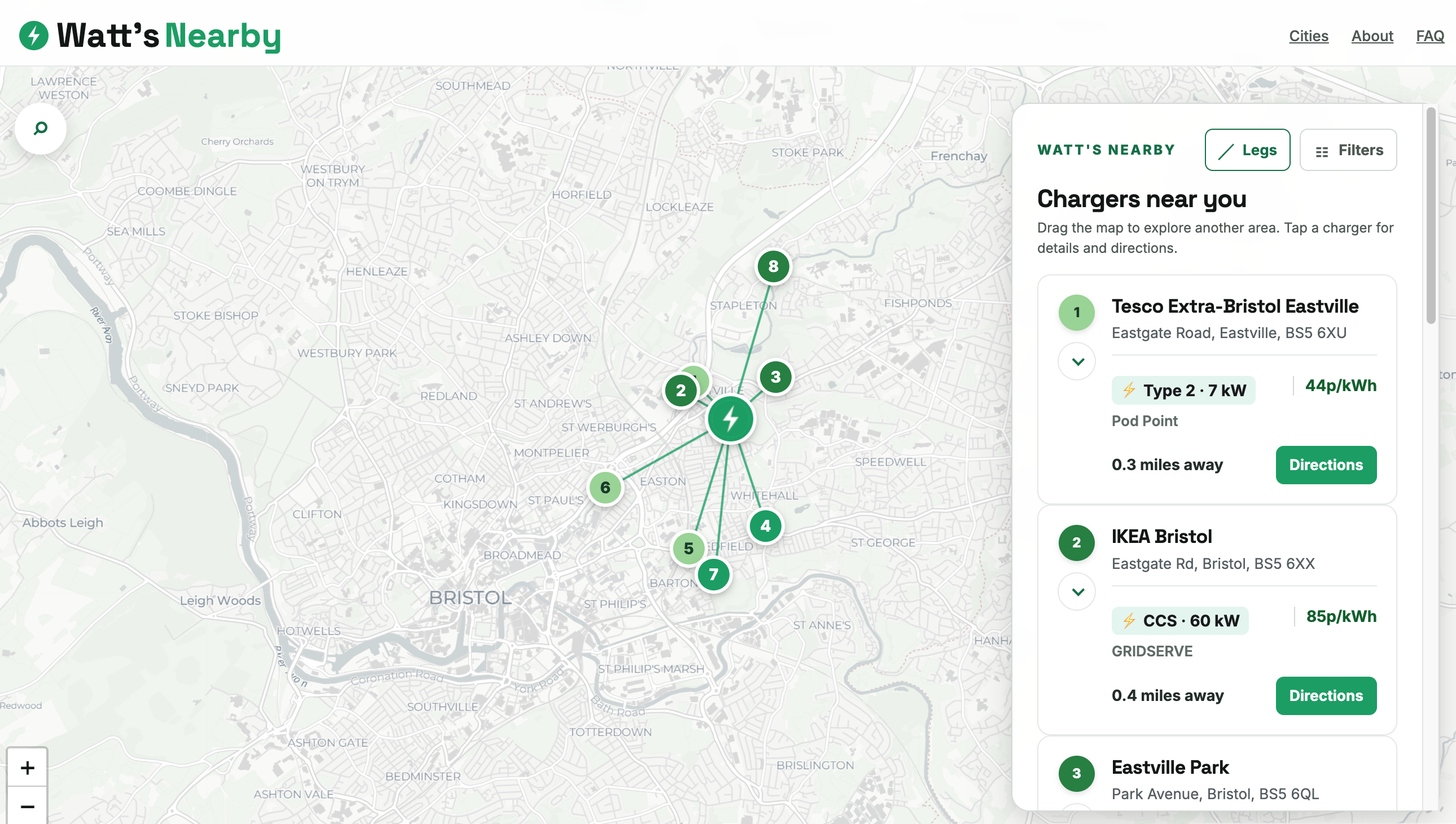 Watt’s Nearby map showing EV charging points