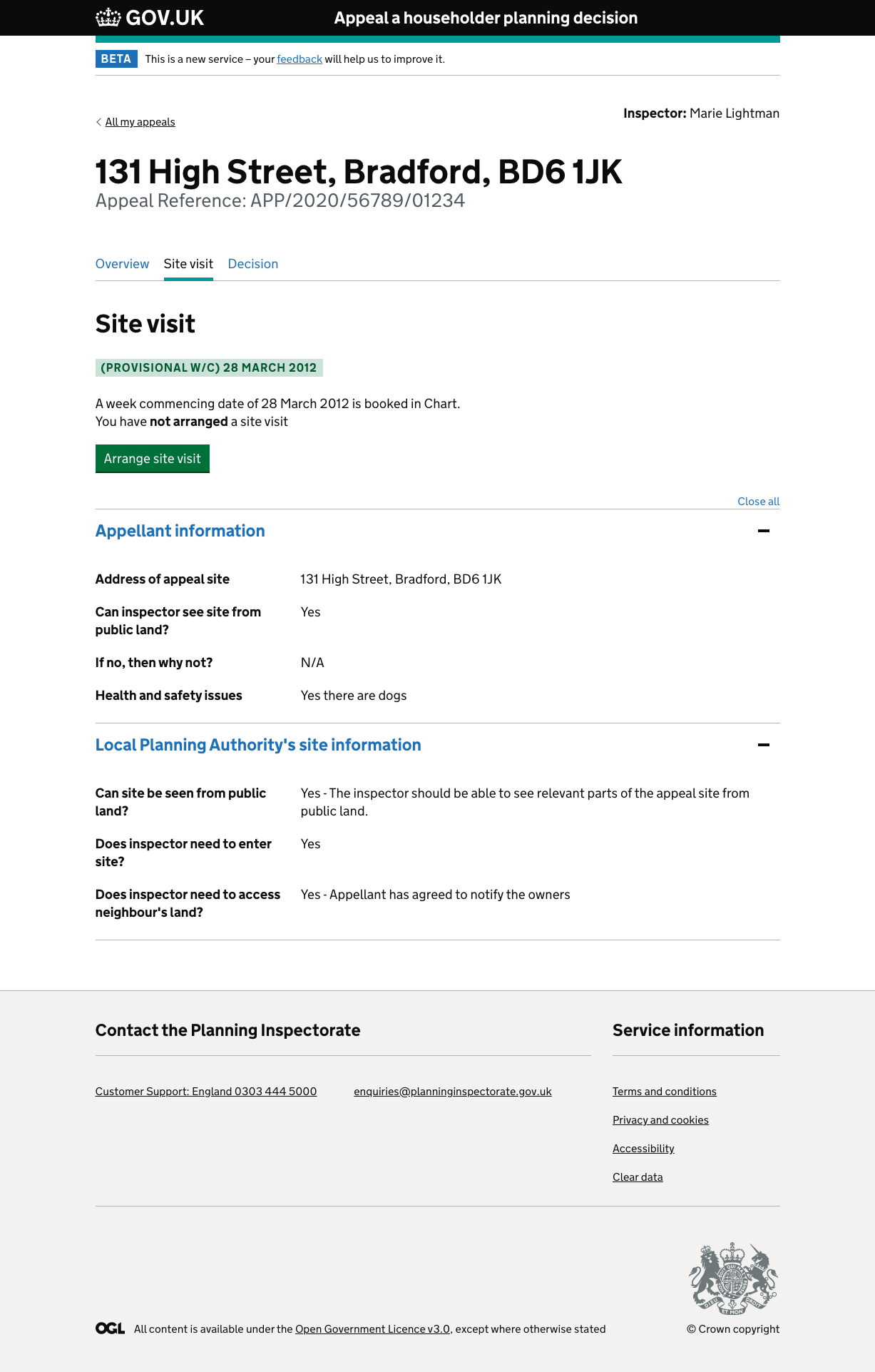 Planning Inspectorate Appeals Service GOV.UK platform interface