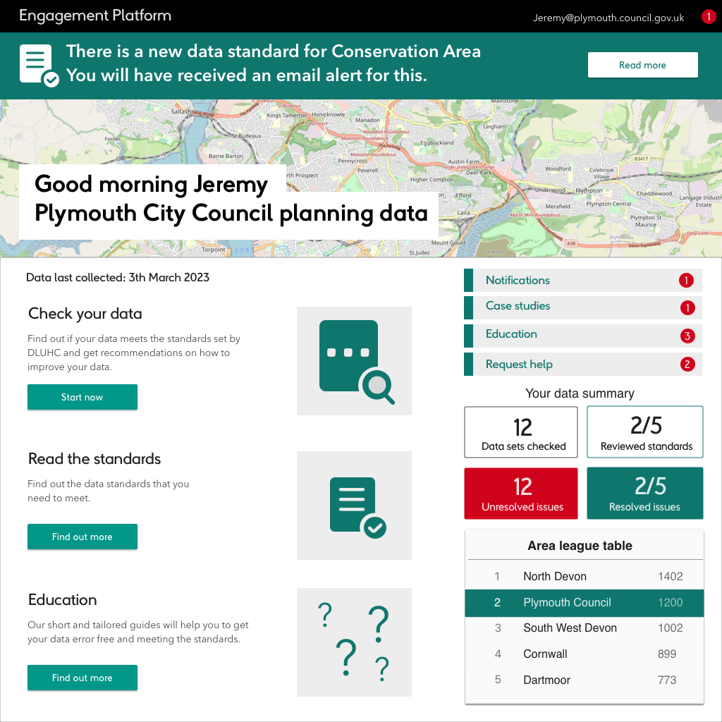 Planning Data engagement platform homepage concept